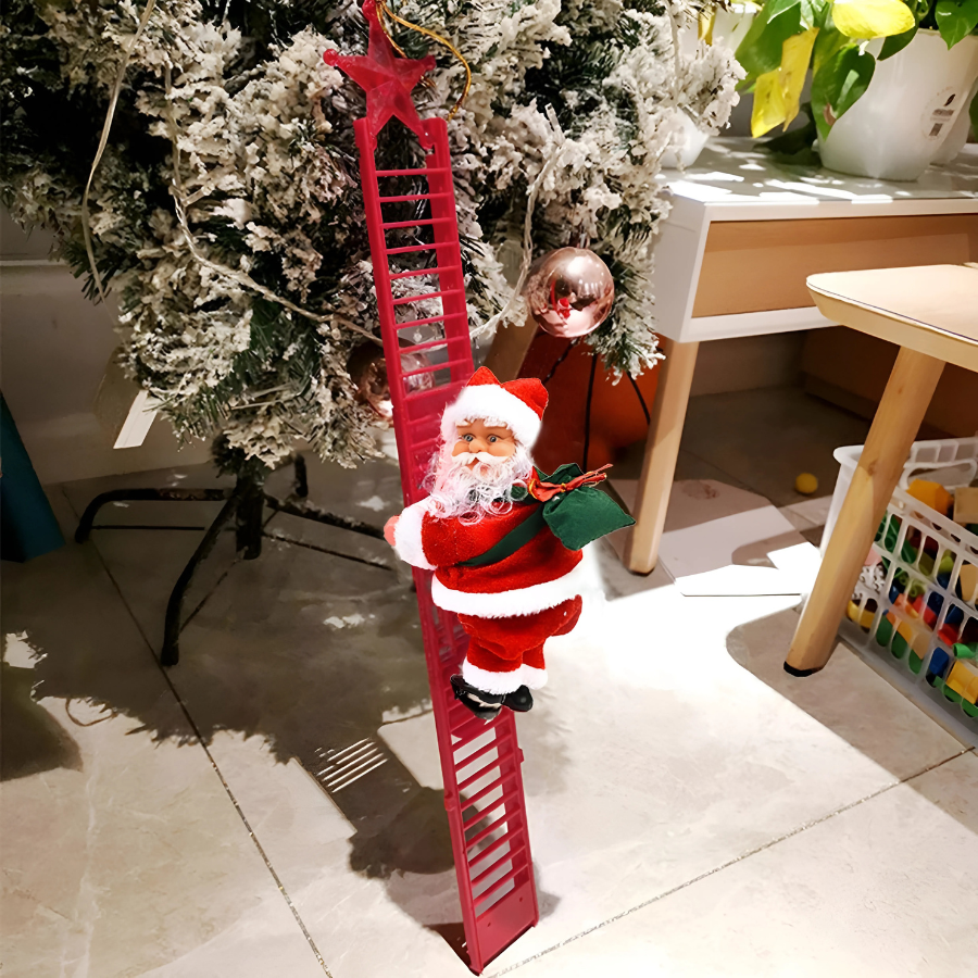 Muñeco de Santa Claus subiendo escalera eléctrica con luces