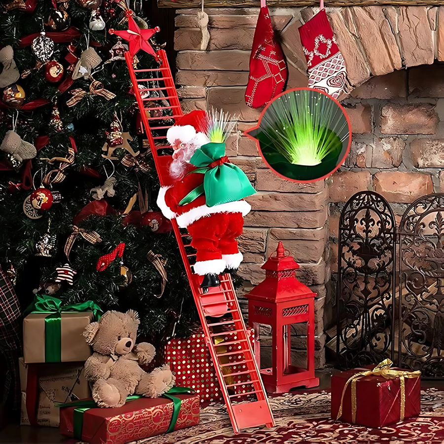 Muñeco de Santa Claus subiendo escalera eléctrica con luces